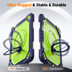 The Commander Series ultra-rugged case fits iPad Air 5th Gen 10.9-inch (2022). Features a 360° rotating kickstand, non-slip handle grip, and detachable crossbody strap. Built with PC+TPU armor for drop resistance. Supports bulk wholesale orders.