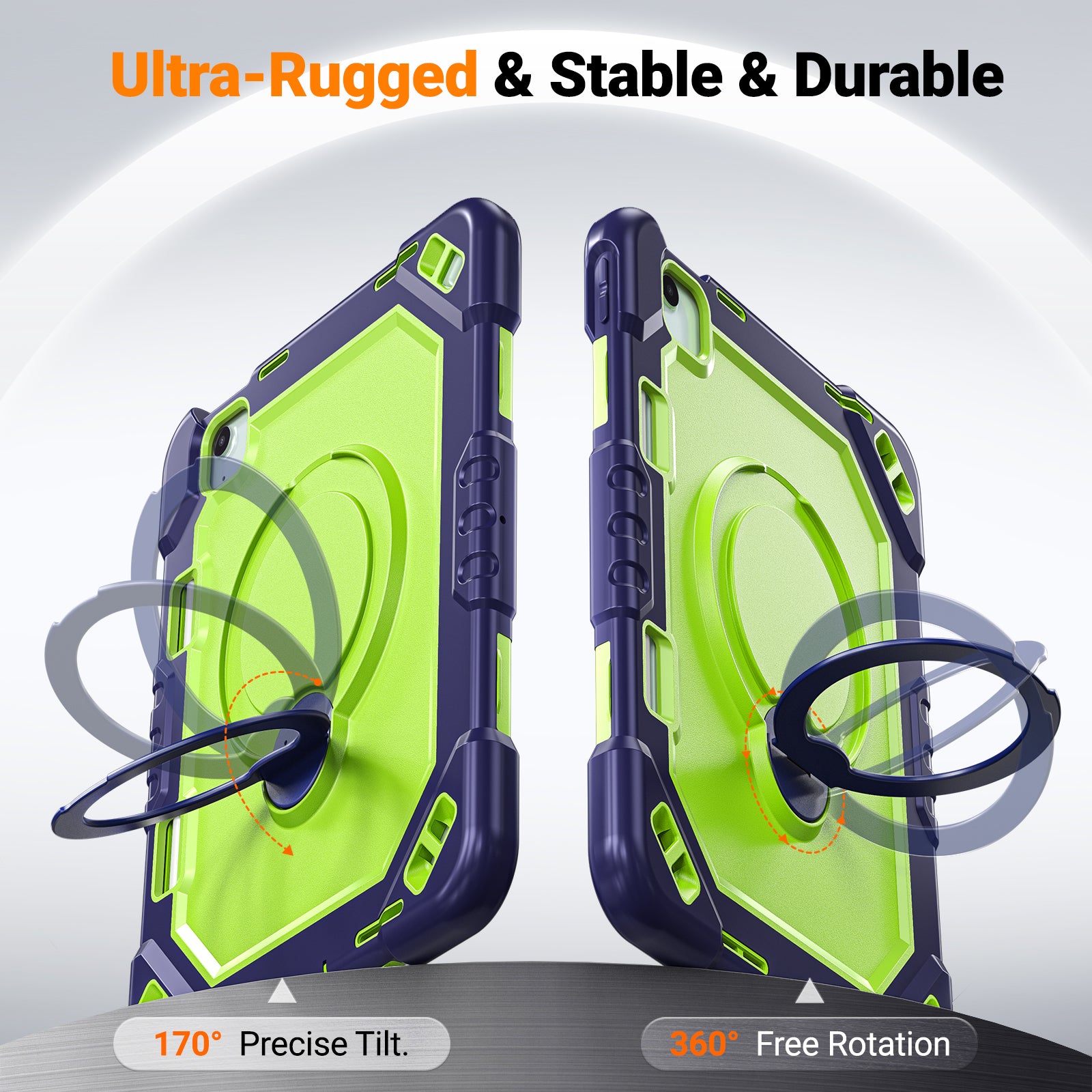 The Commander Series ultra-rugged case fits iPad Air 5th Gen 10.9-inch (2022). Features a 360° rotating kickstand, non-slip handle grip, and detachable crossbody strap. Built with PC+TPU armor for drop resistance. Supports bulk wholesale orders.