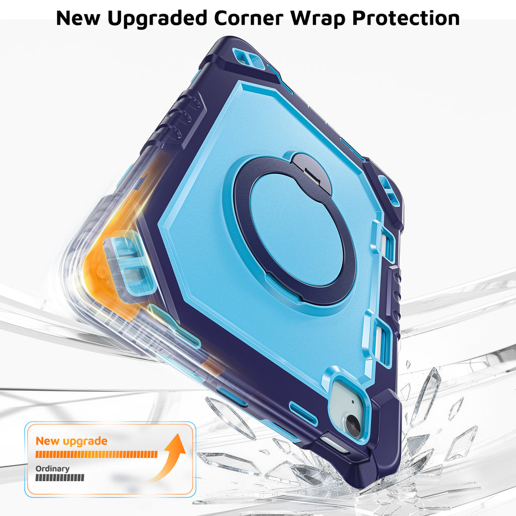 The Commander Series ultra-rugged case fits iPad Air 6th Gen 11-inch (2024). Features a 360° rotating kickstand, non-slip handle grip, and detachable crossbody strap. Built with PC+TPU armor for drop resistance. Supports bulk wholesale orders.
