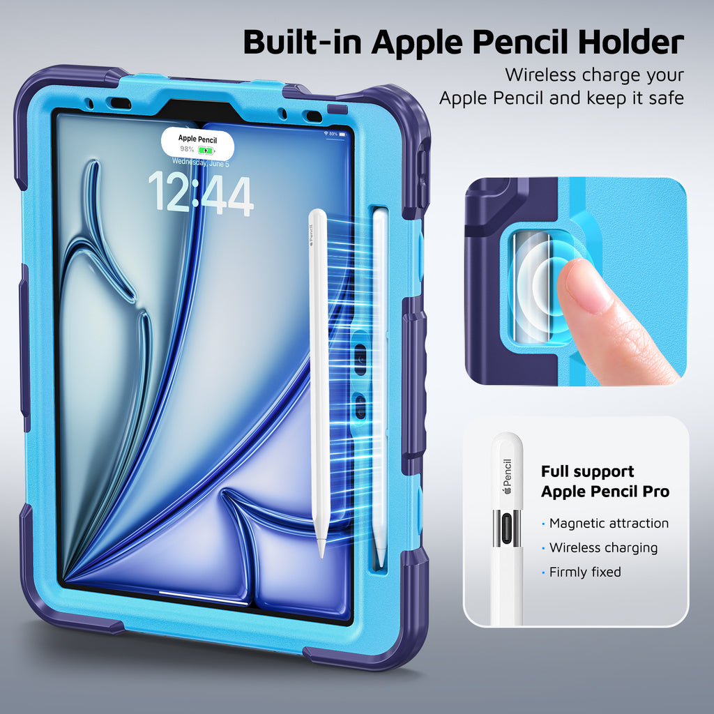 The Commander Series ultra-rugged case fits iPad Air 6th Gen 11-inch (2024). Features a 360° rotating kickstand, non-slip handle grip, and detachable crossbody strap. Built with PC+TPU armor for drop resistance. Supports bulk wholesale orders.
