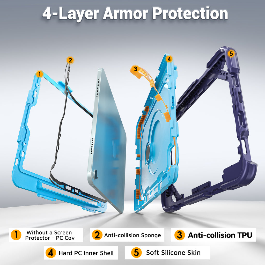 The Commander Series ultra-rugged case fits iPad Air 6th Gen 11-inch (2024). Features a 360° rotating kickstand, non-slip handle grip, and detachable crossbody strap. Built with PC+TPU armor for drop resistance. Supports bulk wholesale orders.