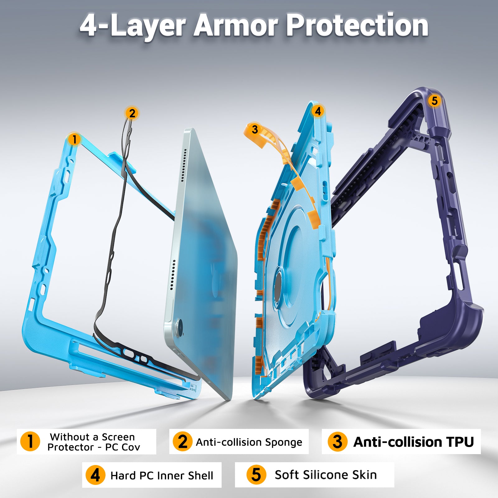 The Commander Series ultra-rugged case fits iPad Air 6th Gen 11-inch (2024). Features a 360° rotating kickstand, non-slip handle grip, and detachable crossbody strap. Built with PC+TPU armor for drop resistance. Supports bulk wholesale orders.