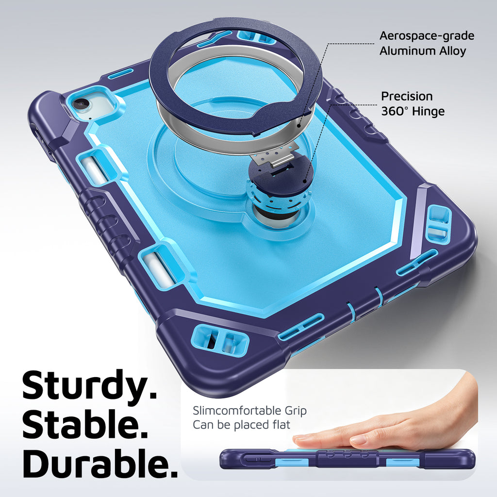 The Commander Series ultra-rugged case fits iPad Air 6th Gen 11-inch (2024). Features a 360° rotating kickstand, non-slip handle grip, and detachable crossbody strap. Built with PC+TPU armor for drop resistance. Supports bulk wholesale orders.