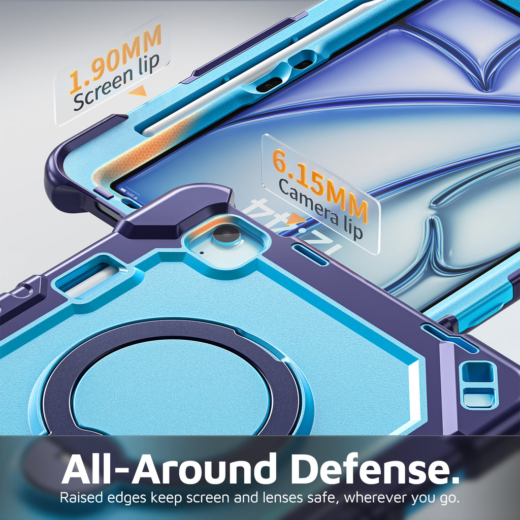 The Commander Series ultra-rugged case fits iPad Air 6th Gen 11-inch (2024). Features a 360° rotating kickstand, non-slip handle grip, and detachable crossbody strap. Built with PC+TPU armor for drop resistance. Supports bulk wholesale orders.