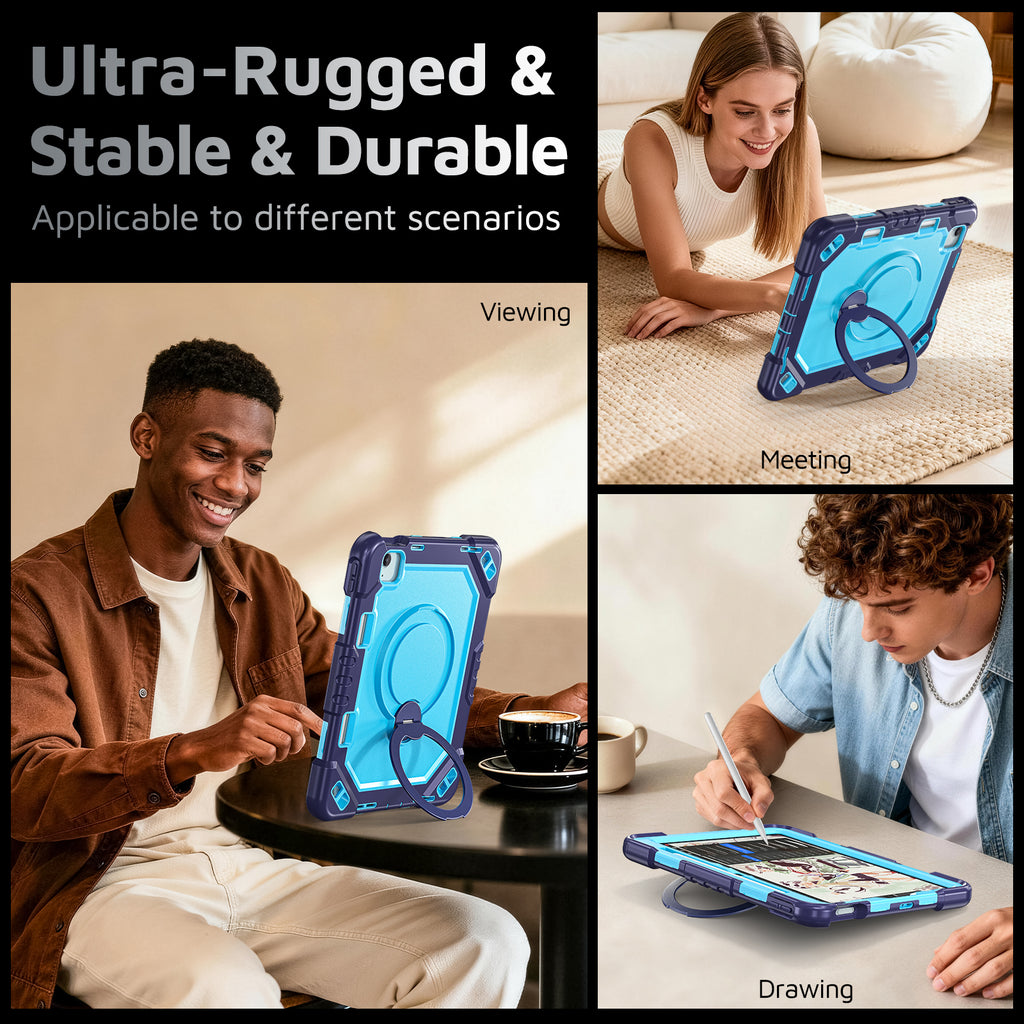 The Commander Series ultra-rugged case fits iPad Air 6th Gen 11-inch (2024). Features a 360° rotating kickstand, non-slip handle grip, and detachable crossbody strap. Built with PC+TPU armor for drop resistance. Supports bulk wholesale orders.