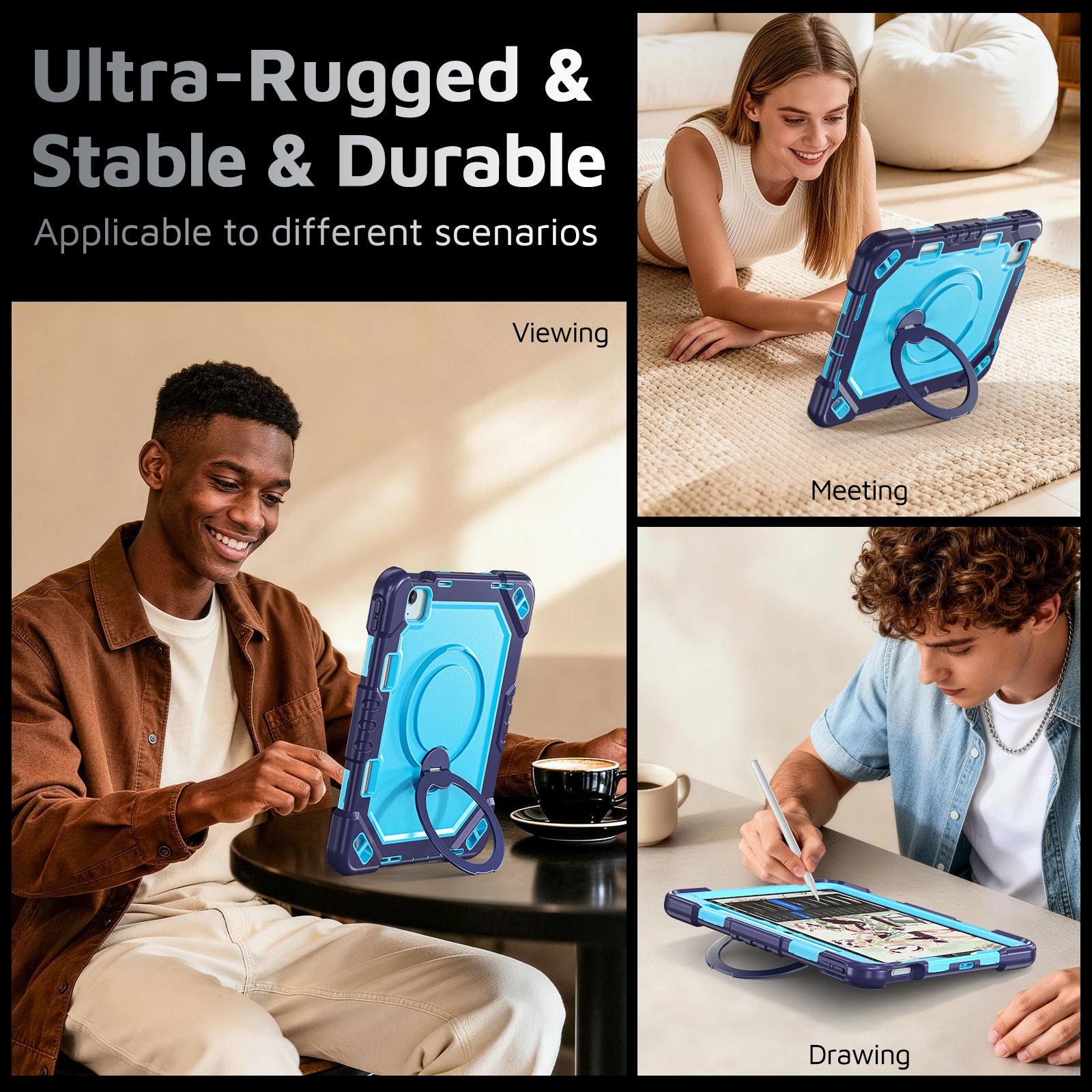 The Commander Series ultra-rugged case fits iPad Air 6th Gen 11-inch (2024). Features a 360° rotating kickstand, non-slip handle grip, and detachable crossbody strap. Built with PC+TPU armor for drop resistance. Supports bulk wholesale orders.