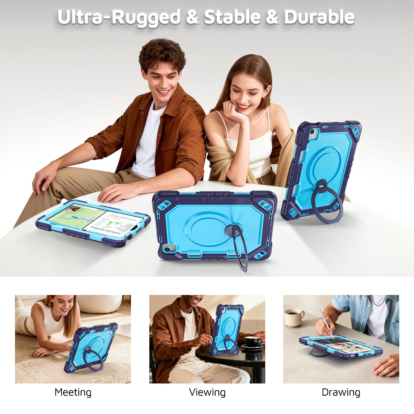The Commander Series ultra-rugged case fits iPad Air 6th Gen 11-inch (2024). Features a 360° rotating kickstand, non-slip handle grip, and detachable crossbody strap. Built with PC+TPU armor for drop resistance. Supports bulk wholesale orders.