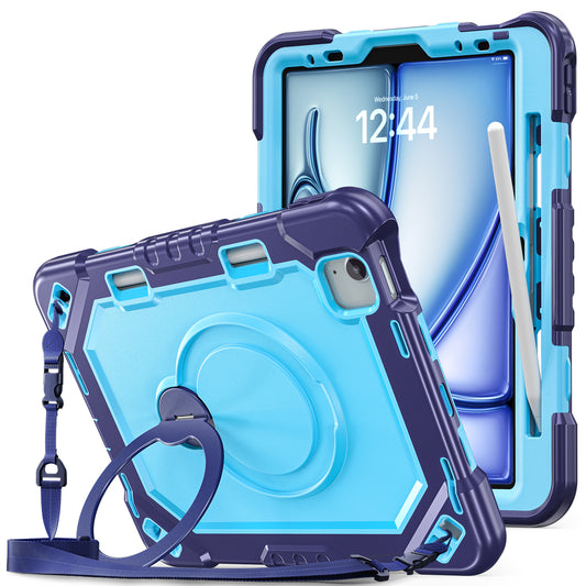 The Commander Series ultra-rugged case fits iPad Air 6th Gen 11-inch (2024). Features a 360° rotating kickstand, non-slip handle grip, and detachable crossbody strap. Built with PC+TPU armor for drop resistance. Supports bulk wholesale orders.