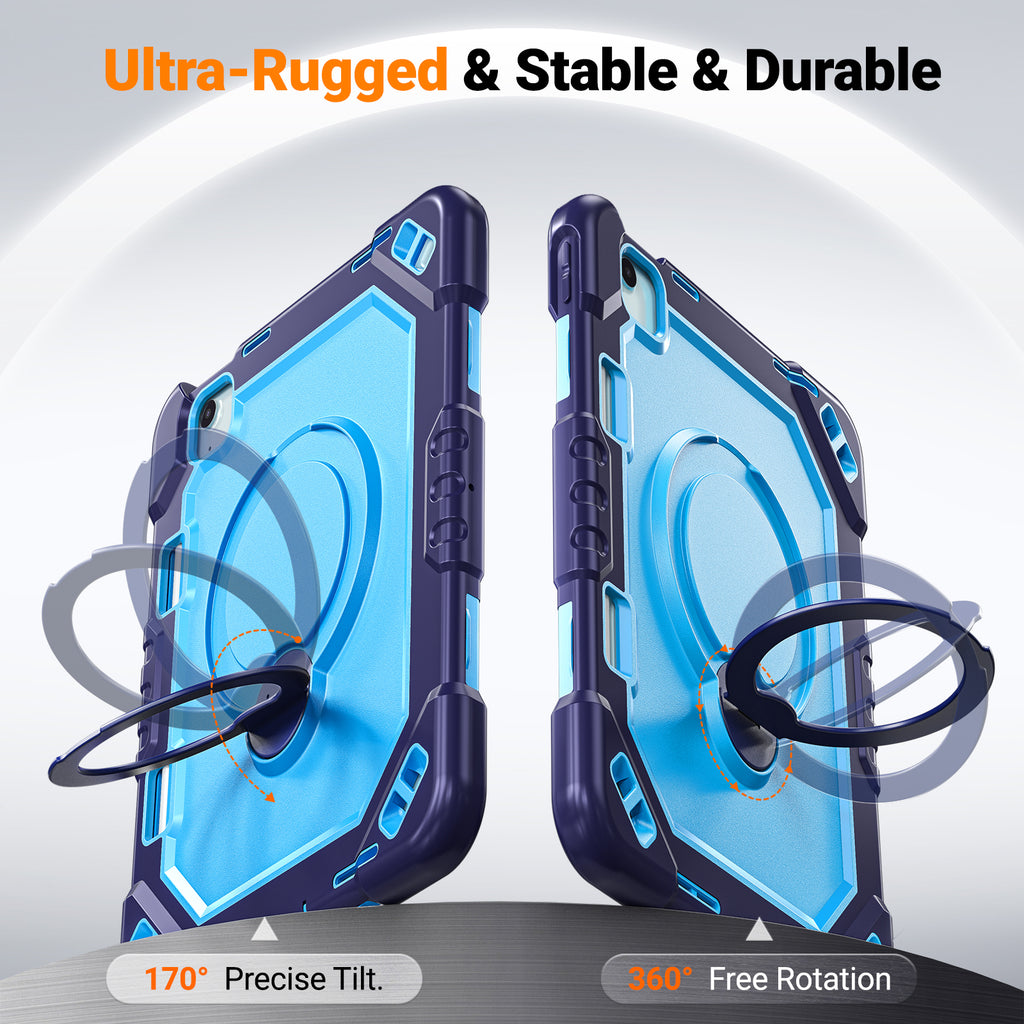 The Commander Series ultra-rugged case fits iPad Air 6th Gen 11-inch (2024). Features a 360° rotating kickstand, non-slip handle grip, and detachable crossbody strap. Built with PC+TPU armor for drop resistance. Supports bulk wholesale orders.