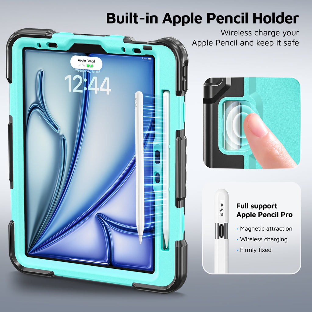 The Commander Series ultra-rugged case fits iPad Air 7th Gen 11-inch (2025). Features a 360° rotating kickstand, non-slip handle grip, and detachable crossbody strap. Built with PC+TPU armor for drop resistance. Supports bulk wholesale orders.