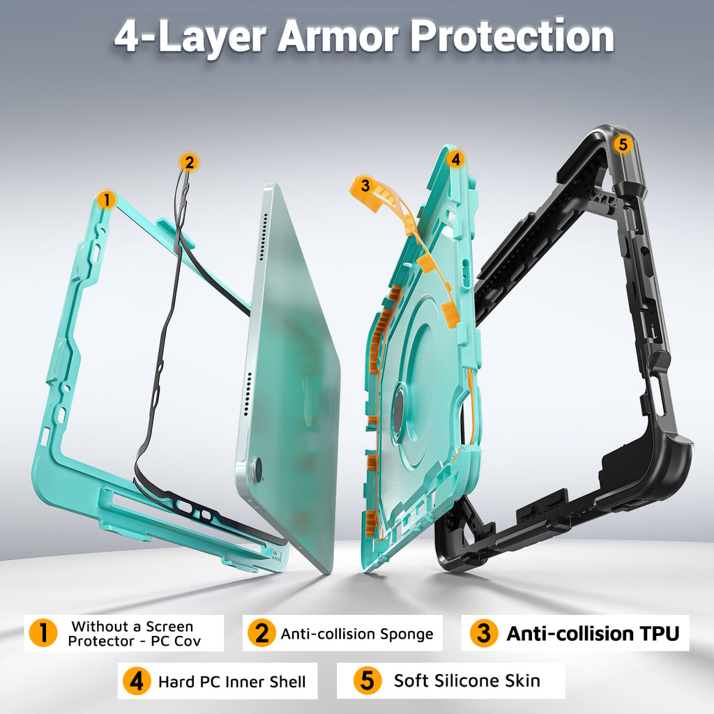 The Commander Series ultra-rugged case fits iPad Air 7th Gen 11-inch (2025). Features a 360° rotating kickstand, non-slip handle grip, and detachable crossbody strap. Built with PC+TPU armor for drop resistance. Supports bulk wholesale orders.