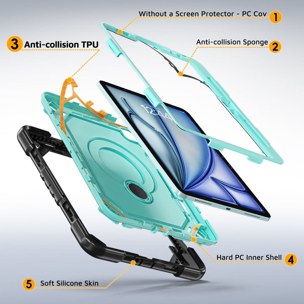The Commander Series ultra-rugged case fits iPad Air 7th Gen 11-inch (2025). Features a 360° rotating kickstand, non-slip handle grip, and detachable crossbody strap. Built with PC+TPU armor for drop resistance. Supports bulk wholesale orders.