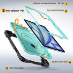 The Commander Series ultra-rugged case fits iPad Air 7th Gen 11-inch (2025). Features a 360° rotating kickstand, non-slip handle grip, and detachable crossbody strap. Built with PC+TPU armor for drop resistance. Supports bulk wholesale orders.