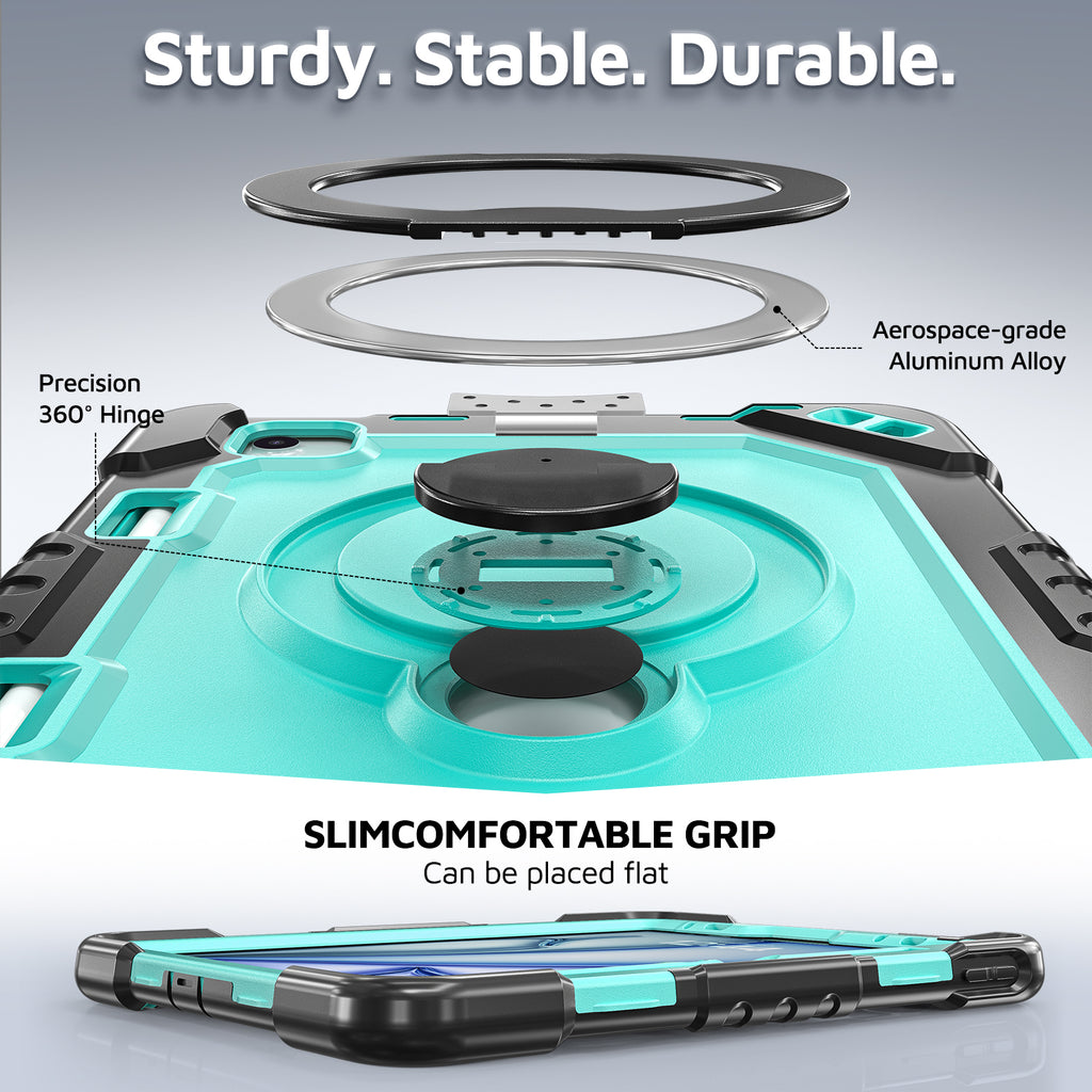 The Commander Series ultra-rugged case fits iPad Air 7th Gen 11-inch (2025). Features a 360° rotating kickstand, non-slip handle grip, and detachable crossbody strap. Built with PC+TPU armor for drop resistance. Supports bulk wholesale orders.