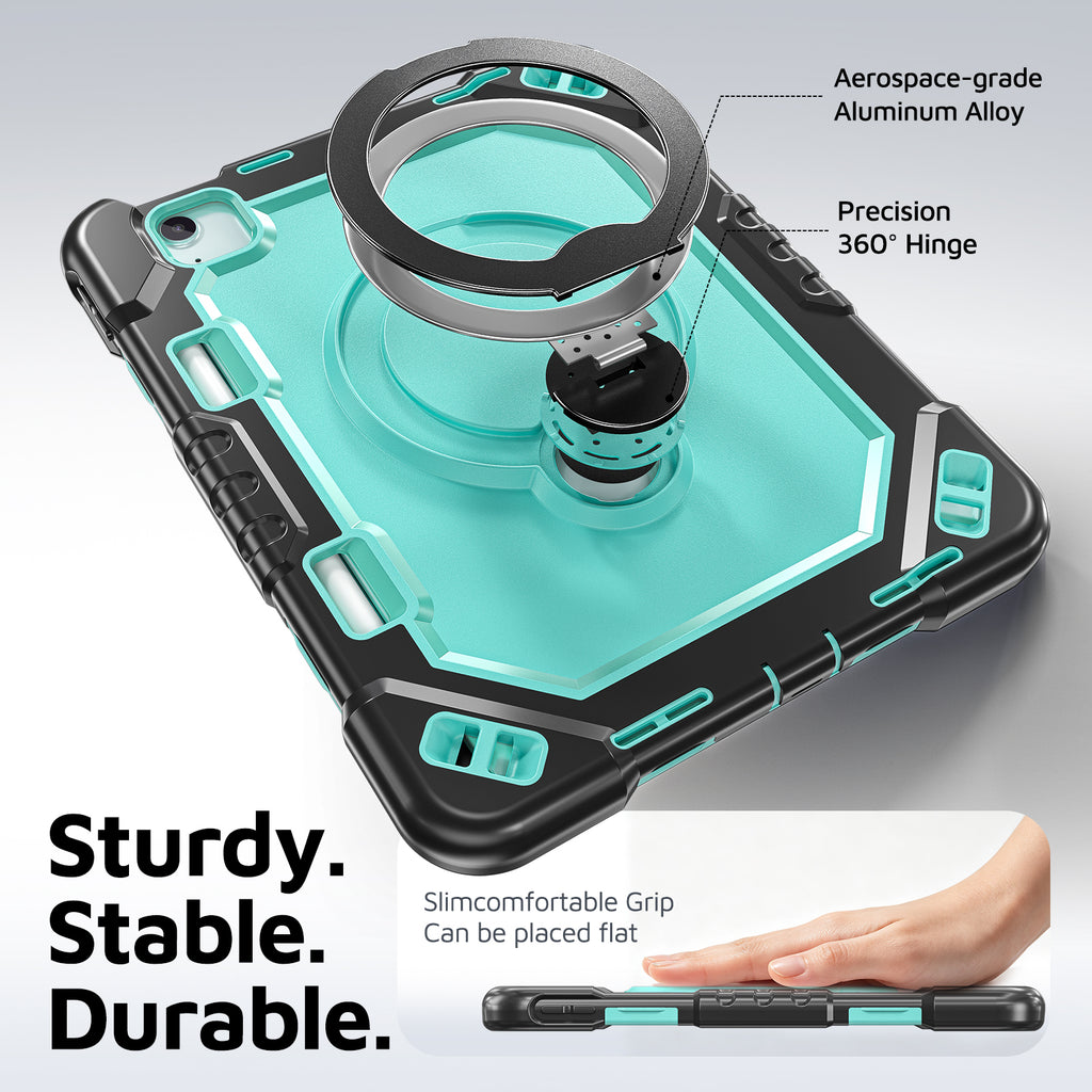 The Commander Series ultra-rugged case fits iPad Air 7th Gen 11-inch (2025). Features a 360° rotating kickstand, non-slip handle grip, and detachable crossbody strap. Built with PC+TPU armor for drop resistance. Supports bulk wholesale orders.