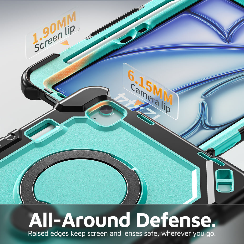 The Commander Series ultra-rugged case fits iPad Air 7th Gen 11-inch (2025). Features a 360° rotating kickstand, non-slip handle grip, and detachable crossbody strap. Built with PC+TPU armor for drop resistance. Supports bulk wholesale orders.