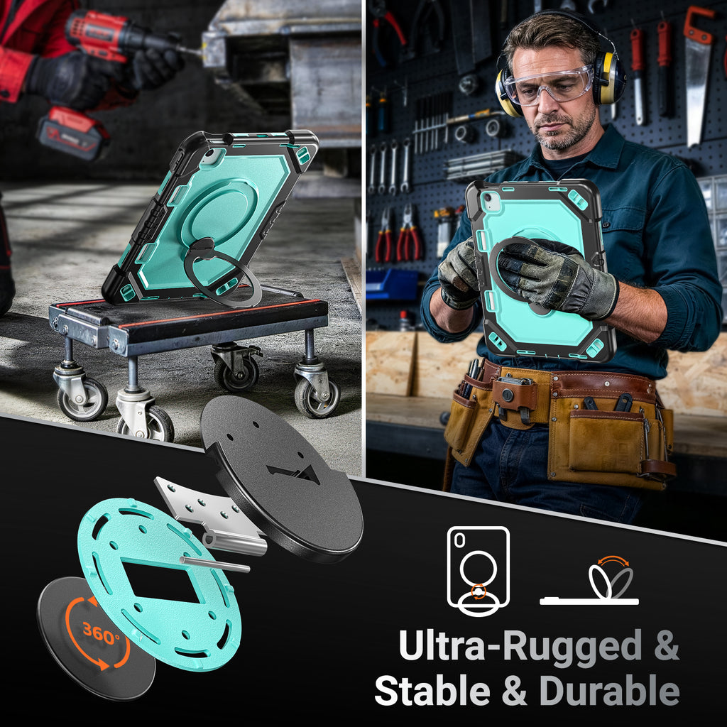 The Commander Series ultra-rugged case fits iPad Air 7th Gen 11-inch (2025). Features a 360° rotating kickstand, non-slip handle grip, and detachable crossbody strap. Built with PC+TPU armor for drop resistance. Supports bulk wholesale orders.