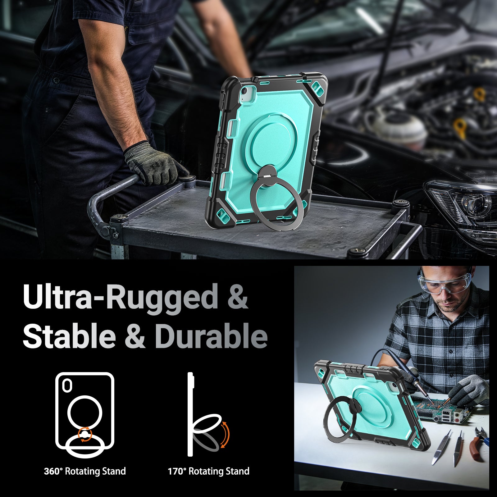 The Commander Series ultra-rugged case fits iPad Air 7th Gen 11-inch (2025). Features a 360° rotating kickstand, non-slip handle grip, and detachable crossbody strap. Built with PC+TPU armor for drop resistance. Supports bulk wholesale orders.