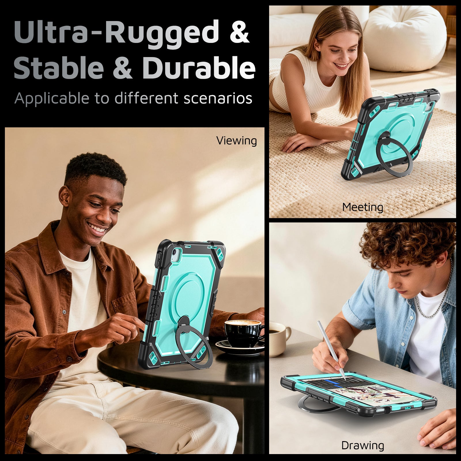 The Commander Series ultra-rugged case fits iPad Air 7th Gen 11-inch (2025). Features a 360° rotating kickstand, non-slip handle grip, and detachable crossbody strap. Built with PC+TPU armor for drop resistance. Supports bulk wholesale orders.