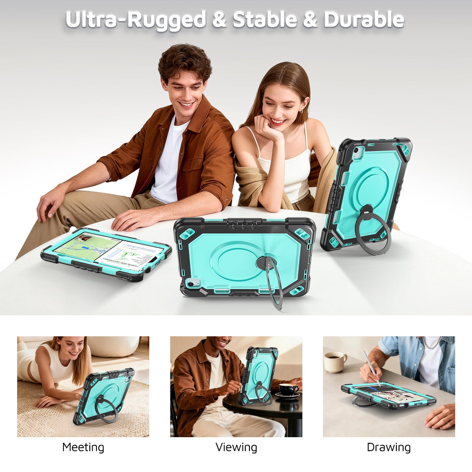 The Commander Series ultra-rugged case fits iPad Air 7th Gen 11-inch (2025). Features a 360° rotating kickstand, non-slip handle grip, and detachable crossbody strap. Built with PC+TPU armor for drop resistance. Supports bulk wholesale orders.