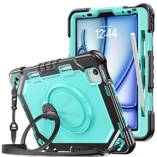 The Commander Series ultra-rugged case fits iPad Air 7th Gen 11-inch (2025). Features a 360° rotating kickstand, non-slip handle grip, and detachable crossbody strap. Built with PC+TPU armor for drop resistance. Supports bulk wholesale orders.