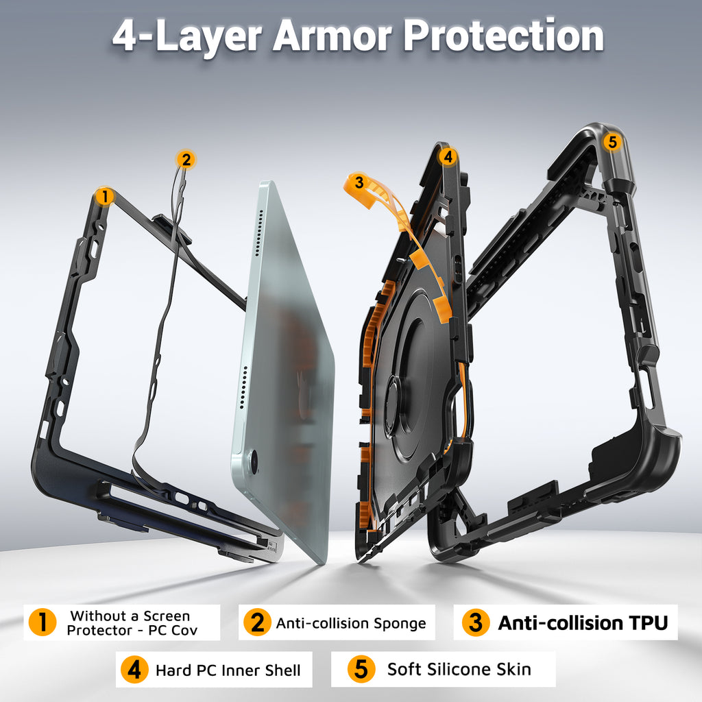 The Commander Series ultra-rugged case fits iPad Air 8th Gen 11-inch (2026). Features a 360° rotating kickstand, non-slip handle grip, and detachable crossbody strap. Built with PC+TPU armor for drop resistance. Supports bulk wholesale orders.