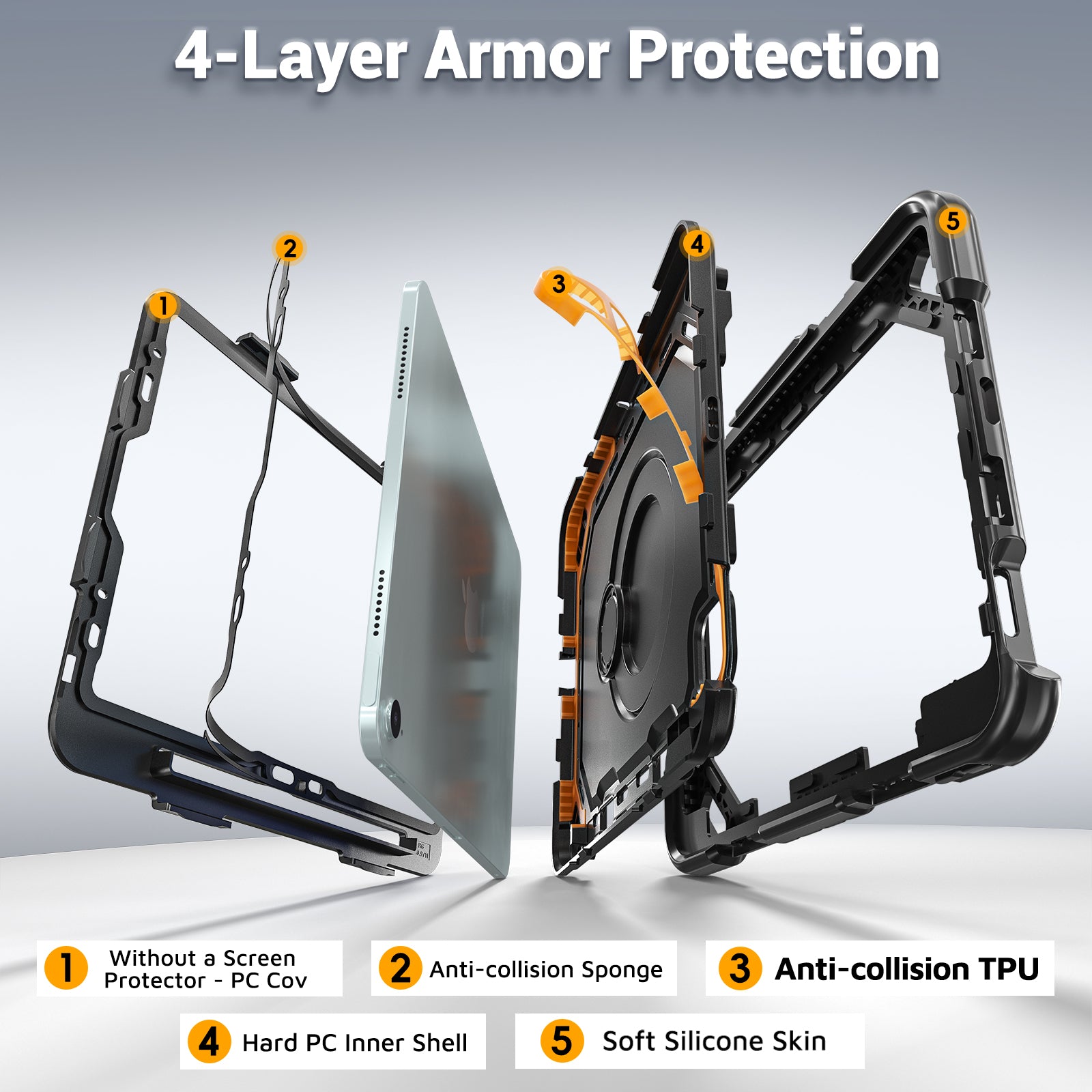 The Commander Series ultra-rugged case fits iPad Air 8th Gen 11-inch (2026). Features a 360° rotating kickstand, non-slip handle grip, and detachable crossbody strap. Built with PC+TPU armor for drop resistance. Supports bulk wholesale orders.