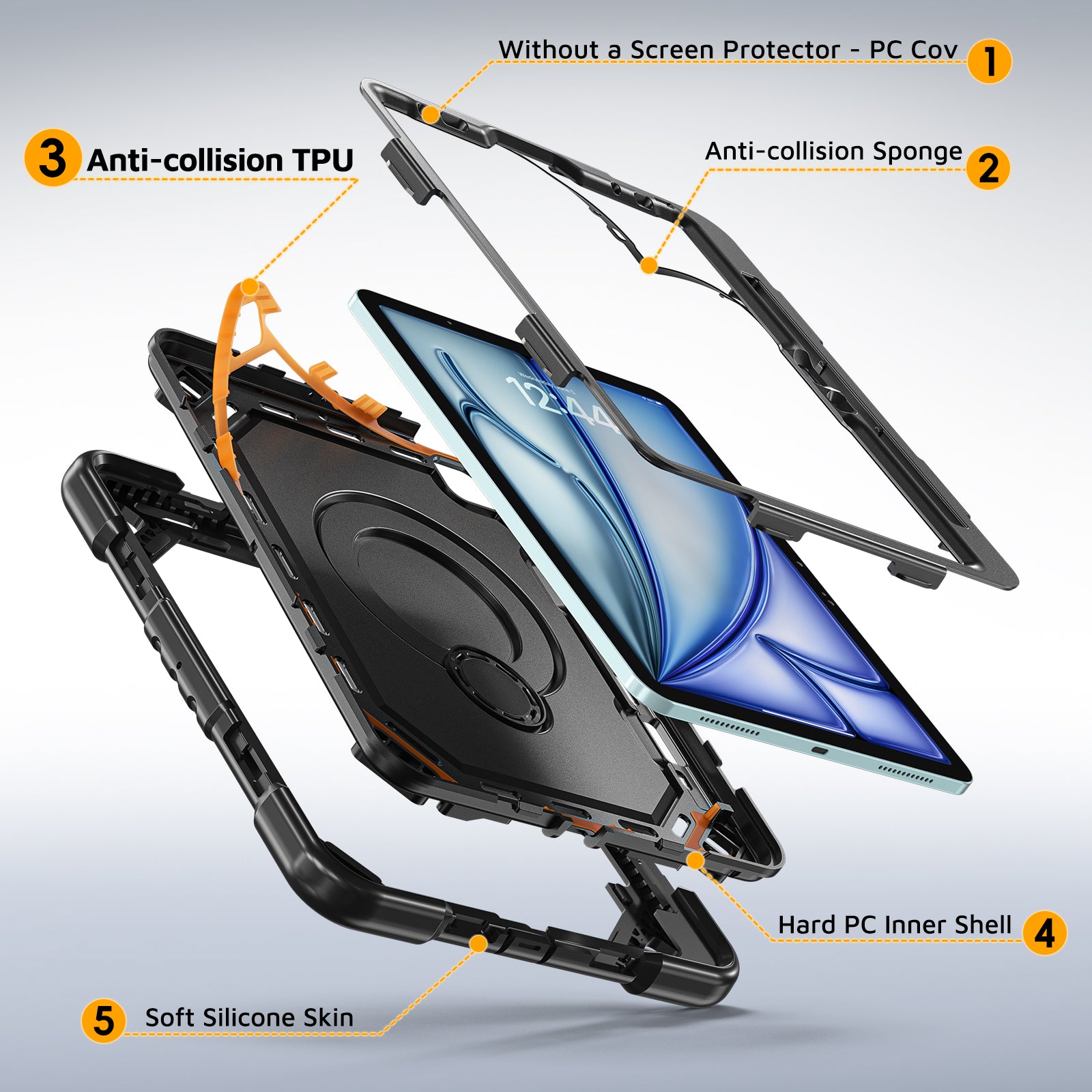 The Commander Series ultra-rugged case fits iPad Air 8th Gen 11-inch (2026). Features a 360° rotating kickstand, non-slip handle grip, and detachable crossbody strap. Built with PC+TPU armor for drop resistance. Supports bulk wholesale orders.