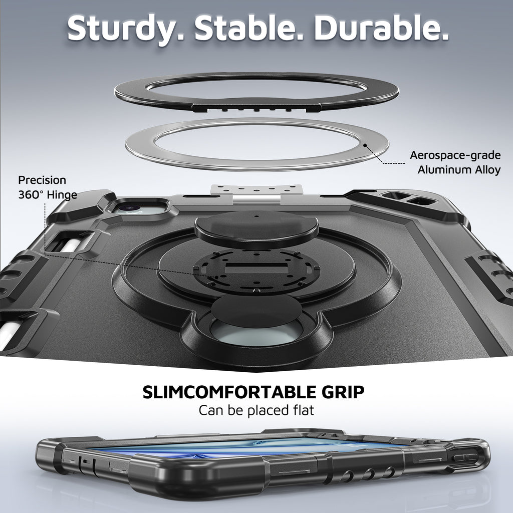 The Commander Series ultra-rugged case fits iPad Air 8th Gen 11-inch (2026). Features a 360° rotating kickstand, non-slip handle grip, and detachable crossbody strap. Built with PC+TPU armor for drop resistance. Supports bulk wholesale orders.