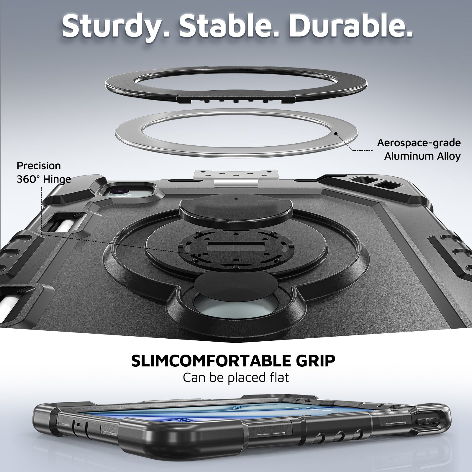 The Commander Series ultra-rugged case fits iPad Air 8th Gen 11-inch (2026). Features a 360° rotating kickstand, non-slip handle grip, and detachable crossbody strap. Built with PC+TPU armor for drop resistance. Supports bulk wholesale orders.