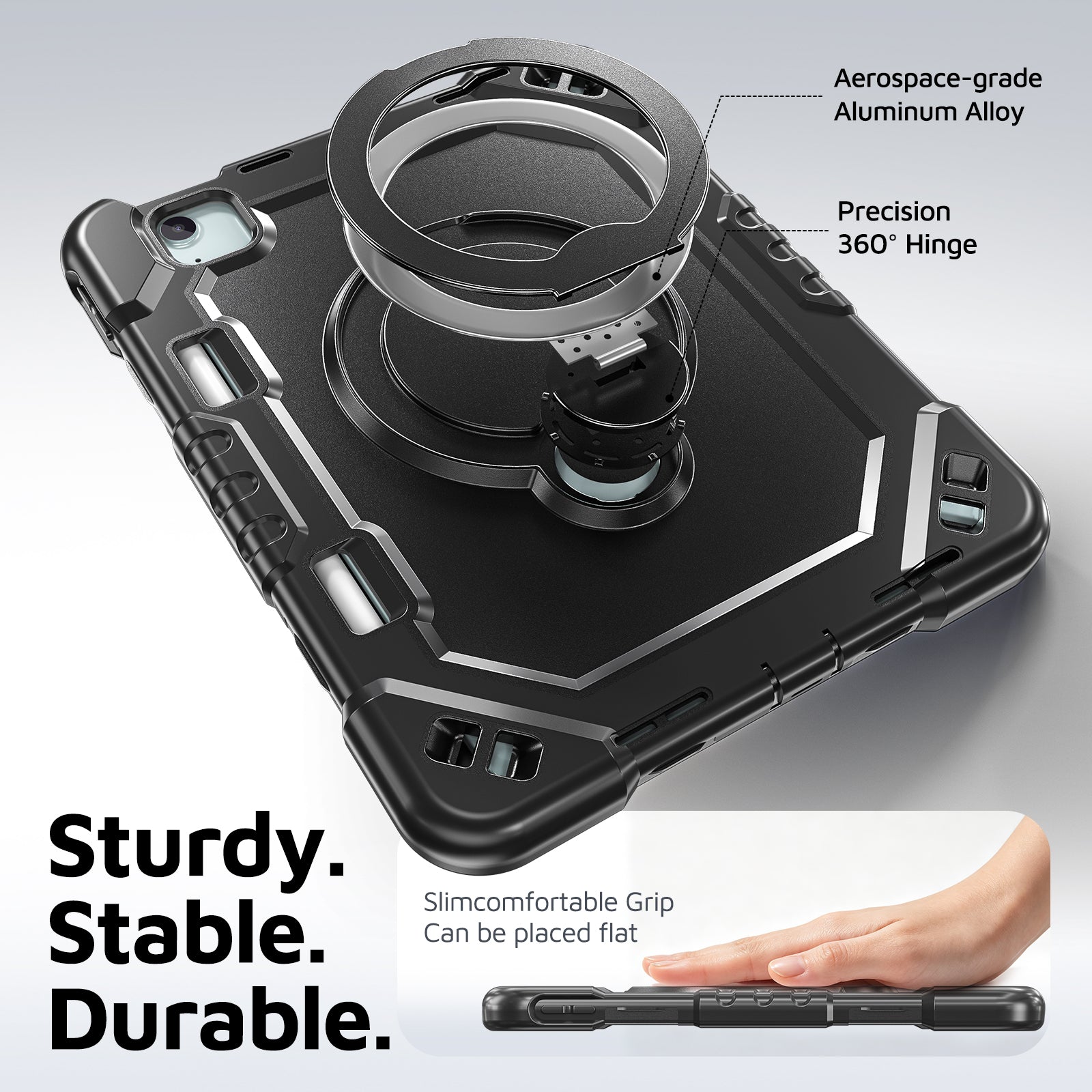 The Commander Series ultra-rugged case fits iPad Air 8th Gen 11-inch (2026). Features a 360° rotating kickstand, non-slip handle grip, and detachable crossbody strap. Built with PC+TPU armor for drop resistance. Supports bulk wholesale orders.