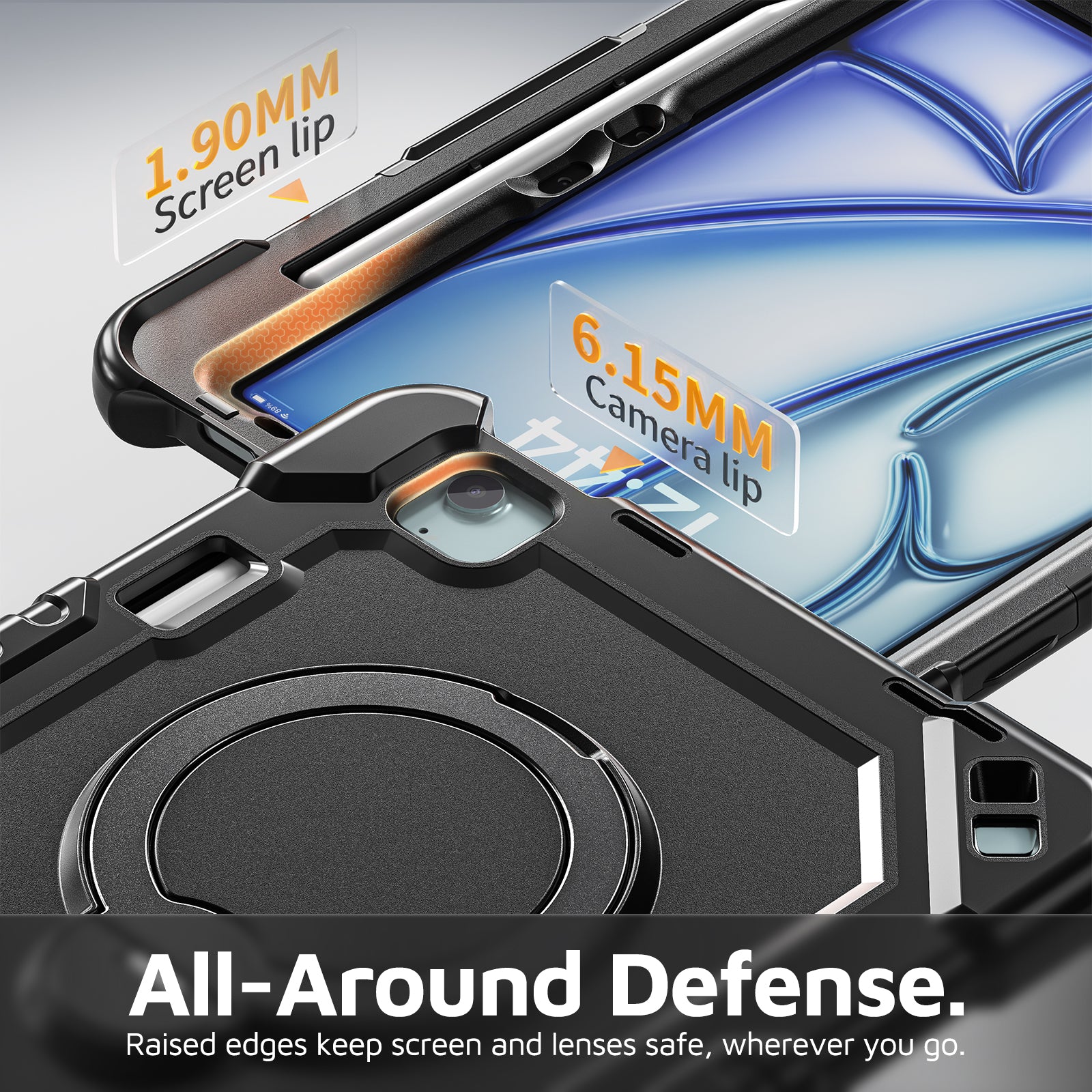 The Commander Series ultra-rugged case fits iPad Air 8th Gen 11-inch (2026). Features a 360° rotating kickstand, non-slip handle grip, and detachable crossbody strap. Built with PC+TPU armor for drop resistance. Supports bulk wholesale orders.