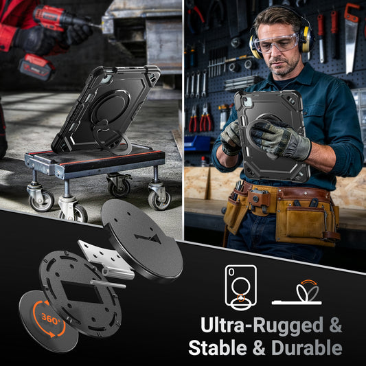 The Commander Series ultra-rugged case fits iPad Air 8th Gen 11-inch (2026). Features a 360° rotating kickstand, non-slip handle grip, and detachable crossbody strap. Built with PC+TPU armor for drop resistance. Supports bulk wholesale orders.