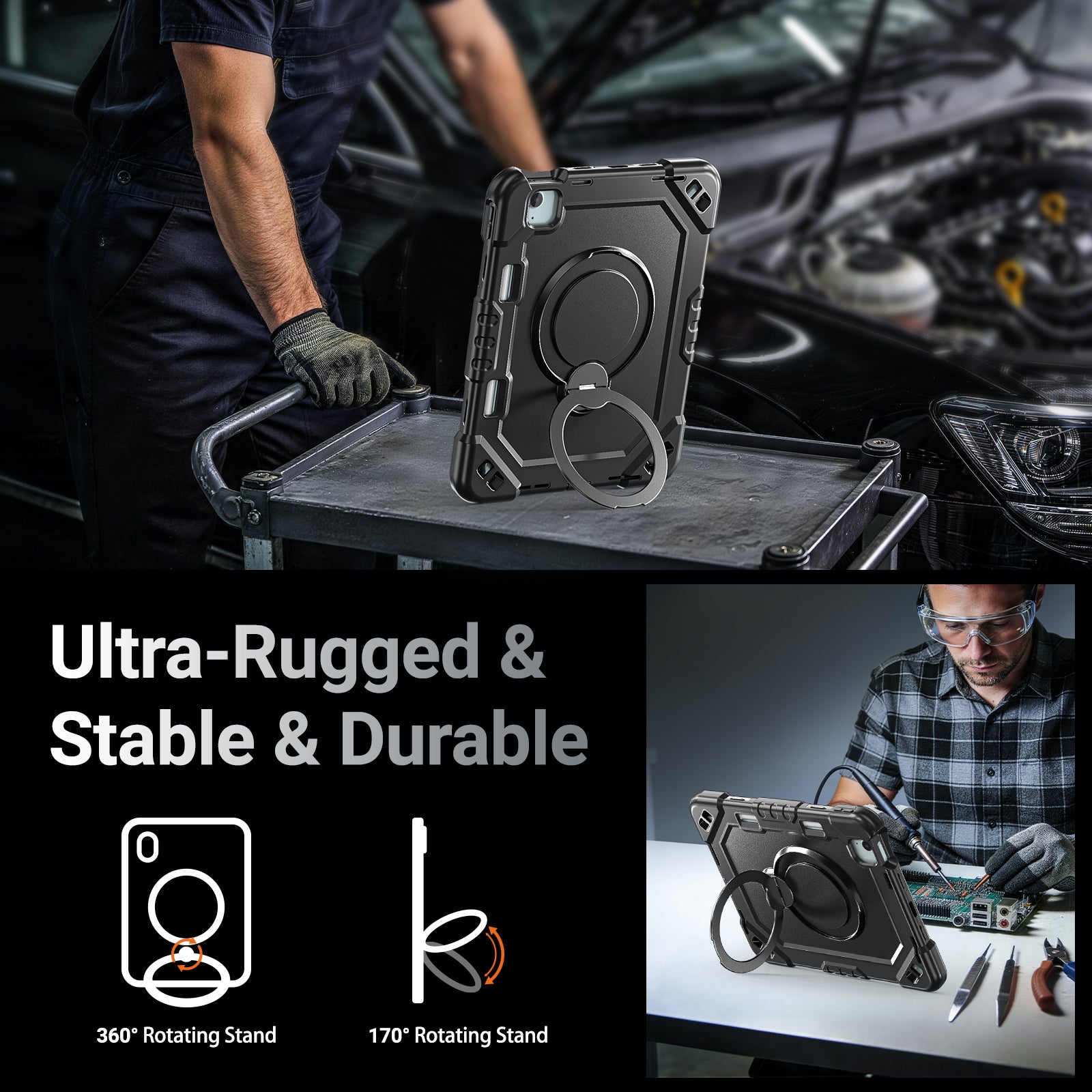 The Commander Series ultra-rugged case fits iPad Air 8th Gen 11-inch (2026). Features a 360° rotating kickstand, non-slip handle grip, and detachable crossbody strap. Built with PC+TPU armor for drop resistance. Supports bulk wholesale orders.