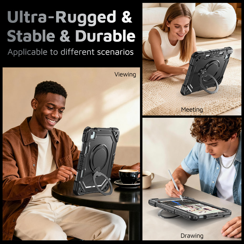 The Commander Series ultra-rugged case fits iPad Air 8th Gen 11-inch (2026). Features a 360° rotating kickstand, non-slip handle grip, and detachable crossbody strap. Built with PC+TPU armor for drop resistance. Supports bulk wholesale orders.