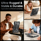 The Commander Series ultra-rugged case fits iPad Air 8th Gen 11-inch (2026). Features a 360° rotating kickstand, non-slip handle grip, and detachable crossbody strap. Built with PC+TPU armor for drop resistance. Supports bulk wholesale orders.