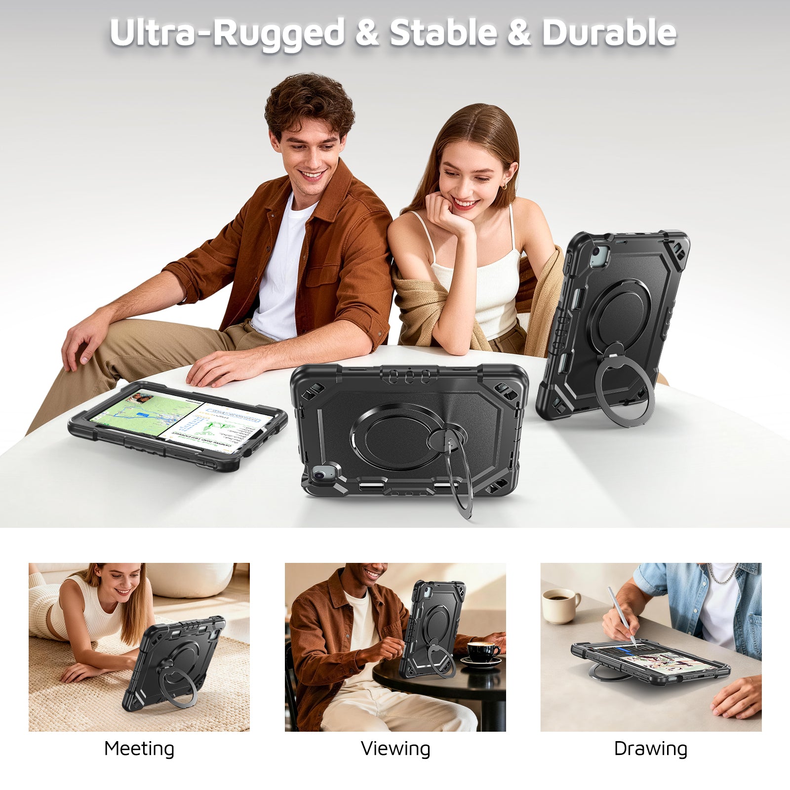 The Commander Series ultra-rugged case fits iPad Air 8th Gen 11-inch (2026). Features a 360° rotating kickstand, non-slip handle grip, and detachable crossbody strap. Built with PC+TPU armor for drop resistance. Supports bulk wholesale orders.