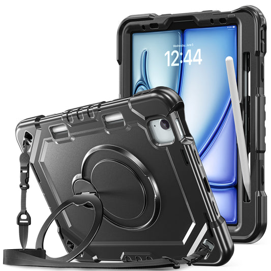 The Commander Series ultra-rugged case fits iPad Air 8th Gen 11-inch (2026). Features a 360° rotating kickstand, non-slip handle grip, and detachable crossbody strap. Built with PC+TPU armor for drop resistance. Supports bulk wholesale orders.