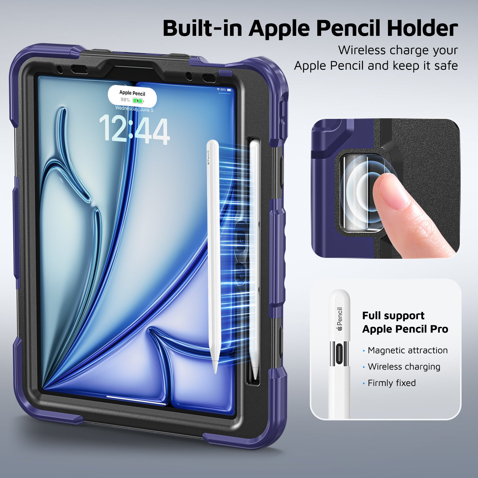 The Commander Series ultra-rugged case fits iPad Pro 11-inch 4th Gen (2022). Features a 360° rotating kickstand, non-slip handle grip, and detachable crossbody strap. Built with PC+TPU armor for drop resistance. Supports bulk wholesale orders.