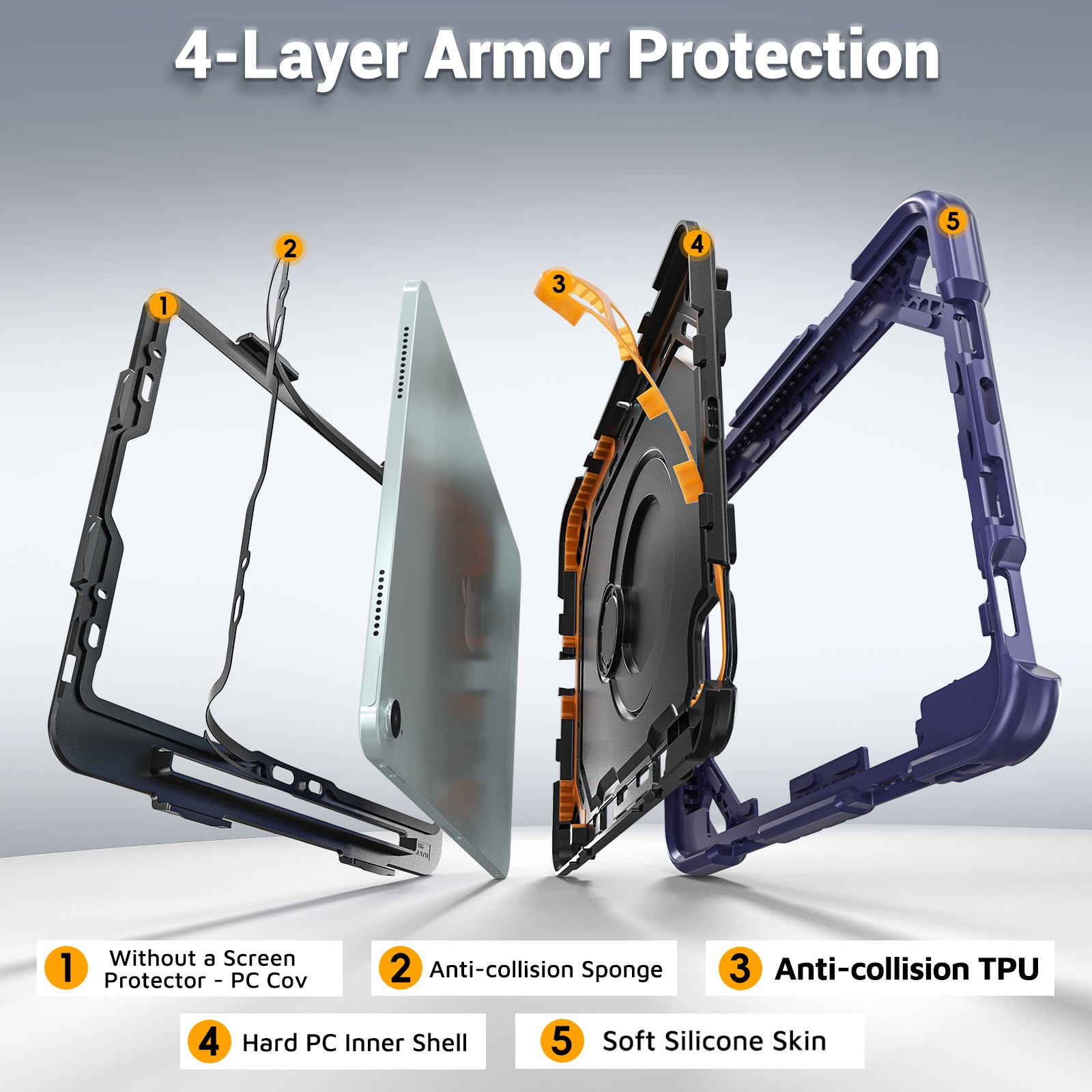 The Commander Series ultra-rugged case fits iPad Pro 11-inch 4th Gen (2022). Features a 360° rotating kickstand, non-slip handle grip, and detachable crossbody strap. Built with PC+TPU armor for drop resistance. Supports bulk wholesale orders.