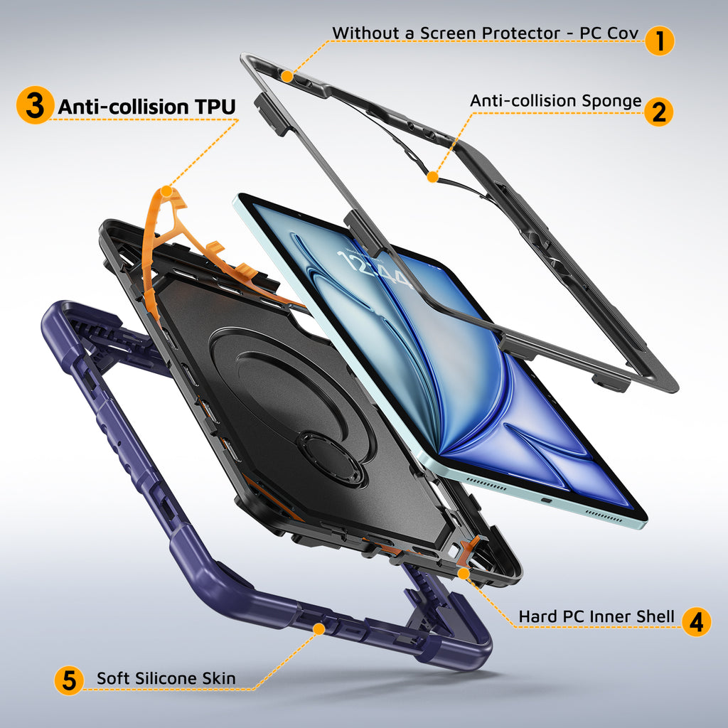 The Commander Series ultra-rugged case fits iPad Pro 11-inch 4th Gen (2022). Features a 360° rotating kickstand, non-slip handle grip, and detachable crossbody strap. Built with PC+TPU armor for drop resistance. Supports bulk wholesale orders.