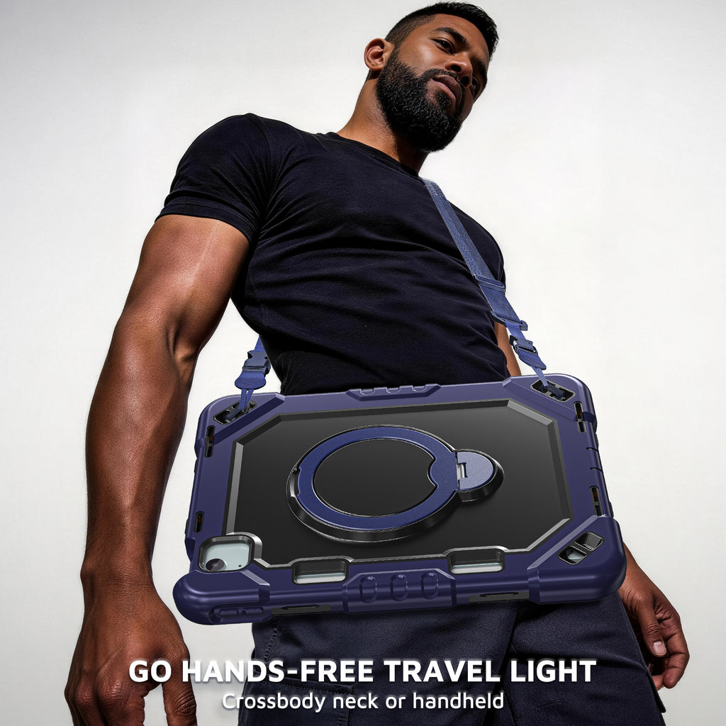 The Commander Series ultra-rugged case fits iPad Pro 11-inch 4th Gen (2022). Features a 360° rotating kickstand, non-slip handle grip, and detachable crossbody strap. Built with PC+TPU armor for drop resistance. Supports bulk wholesale orders.
