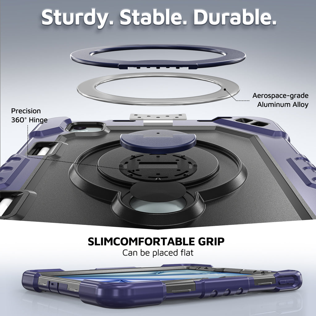 The Commander Series ultra-rugged case fits iPad Pro 11-inch 4th Gen (2022). Features a 360° rotating kickstand, non-slip handle grip, and detachable crossbody strap. Built with PC+TPU armor for drop resistance. Supports bulk wholesale orders.