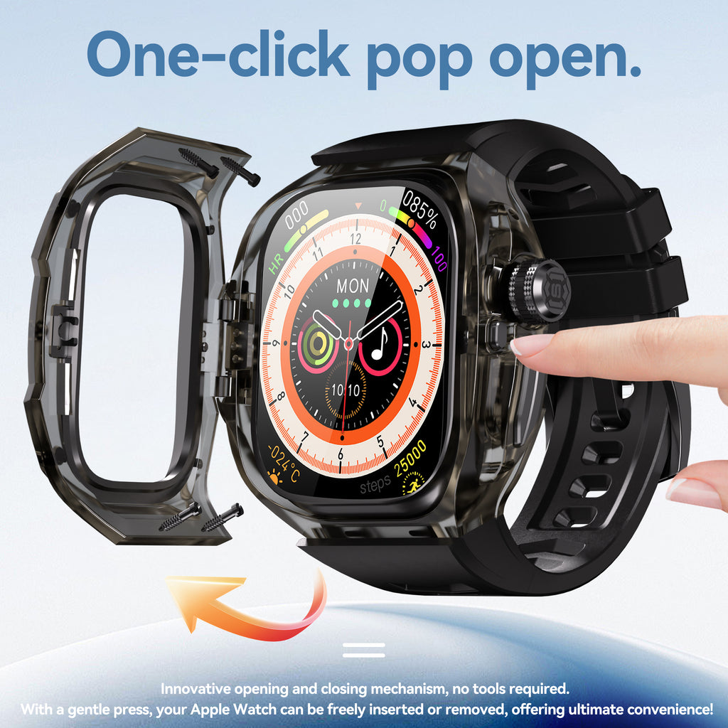 This rugged crystal case is specially designed for Apple Watch Ultra 1 (49mm, 2022). Crafted from premium aviation-grade aluminum alloy 6603, high-strength polycarbonate, 316 stainless steel, and 304 stainless steel, it delivers exceptional durability while remaining lightweight and glossy.
