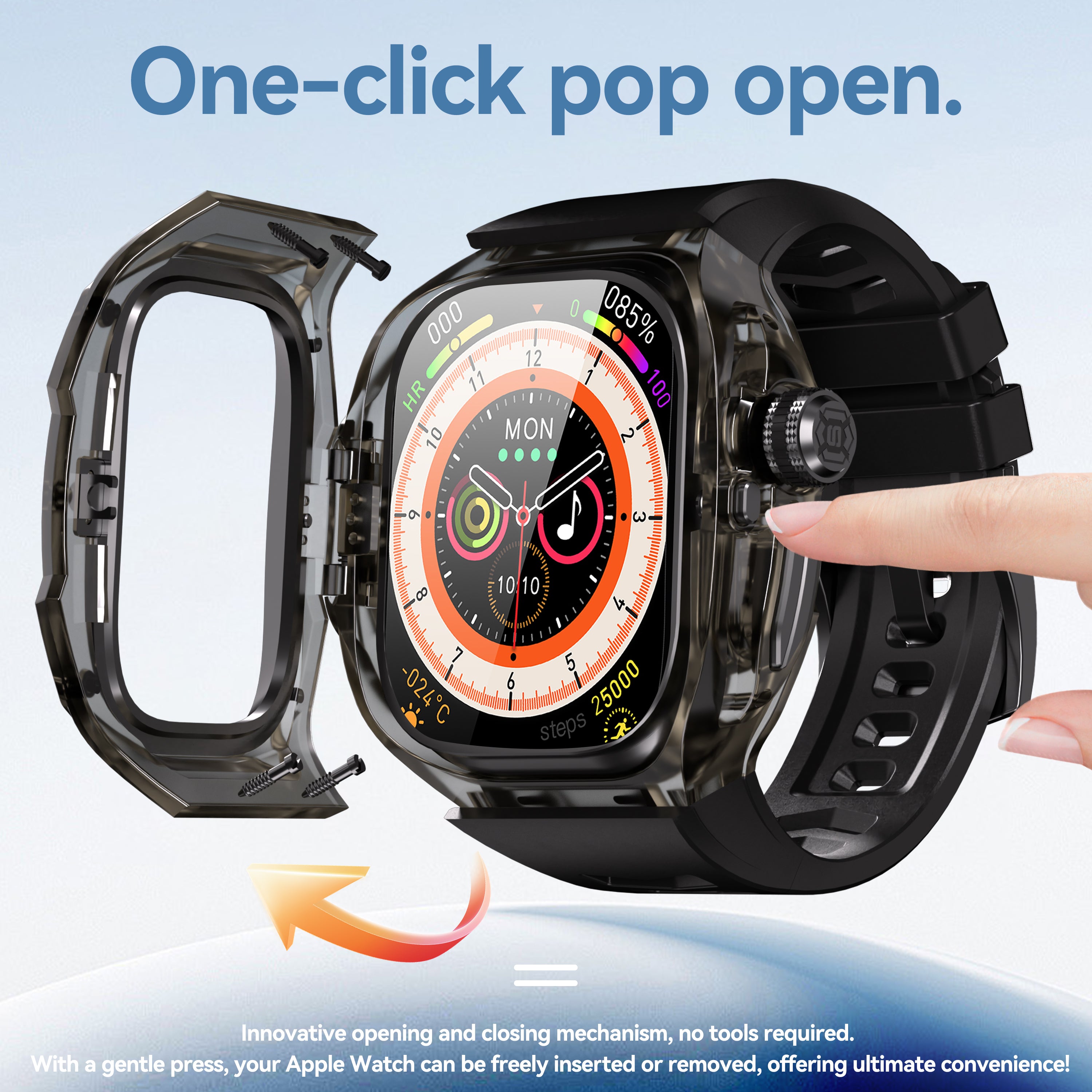 This rugged crystal case is specially designed for Apple Watch Ultra 1 (49mm, 2022). Crafted from premium aviation-grade aluminum alloy 6603, high-strength polycarbonate, 316 stainless steel, and 304 stainless steel, it delivers exceptional durability while remaining lightweight and glossy.