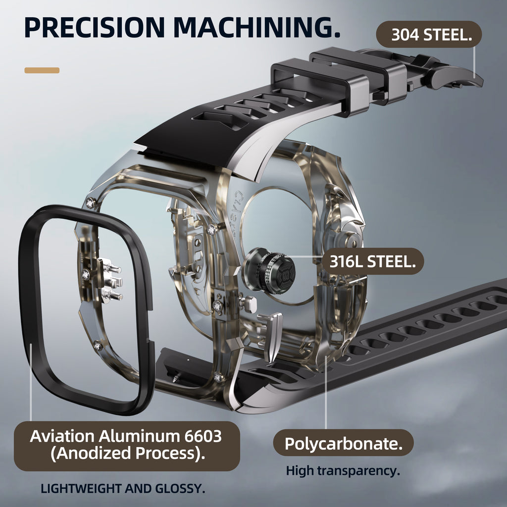 This rugged crystal case is specially designed for Apple Watch Ultra 1 (49mm, 2022). Crafted from premium aviation-grade aluminum alloy 6603, high-strength polycarbonate, 316 stainless steel, and 304 stainless steel, it delivers exceptional durability while remaining lightweight and glossy.