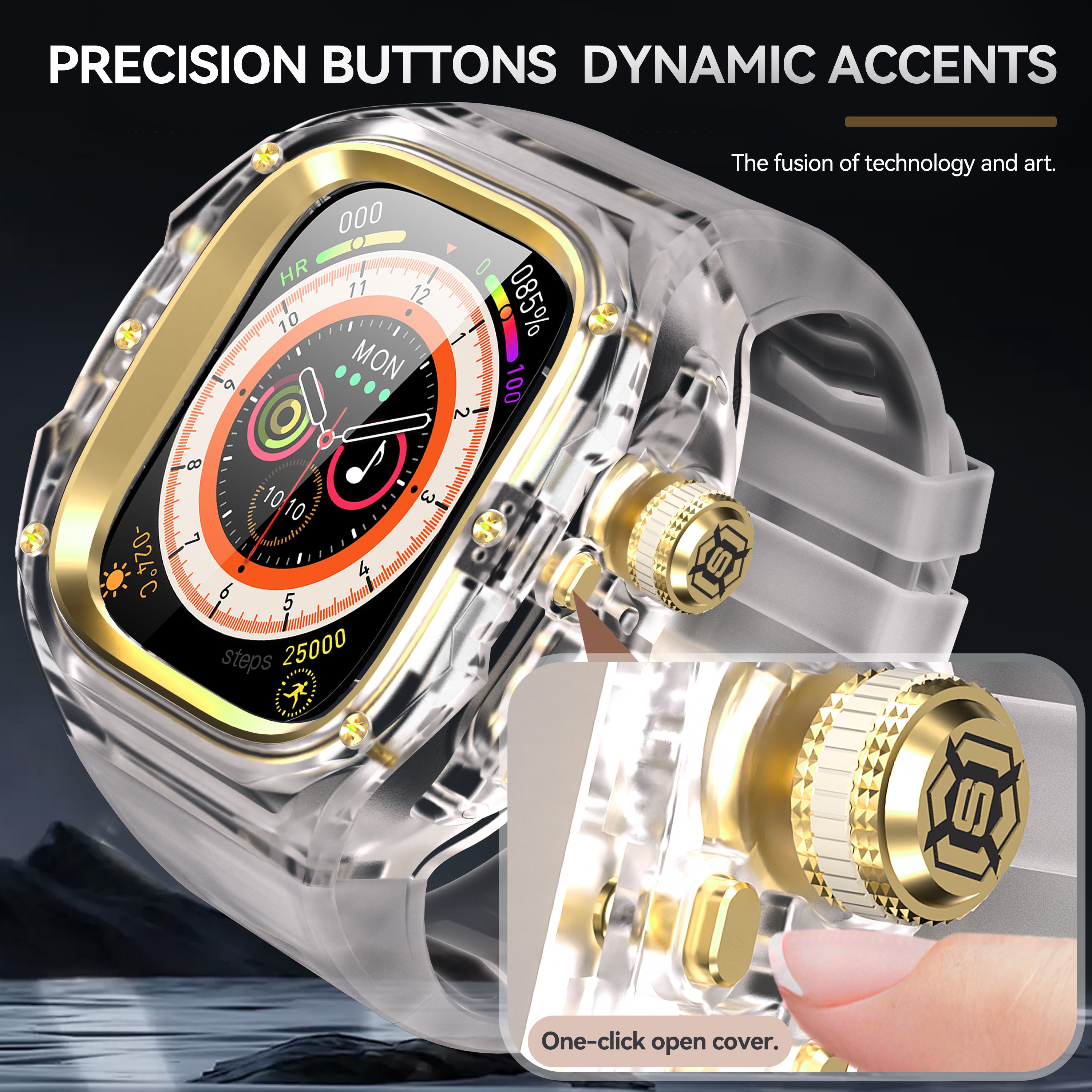 This rugged crystal case is specially designed for Apple Watch Ultra 2 (49mm, 2023). Crafted from premium aviation-grade aluminum alloy 6603, high-strength polycarbonate, 316 stainless steel, and 304 stainless steel, it delivers exceptional durability while remaining lightweight and glossy.