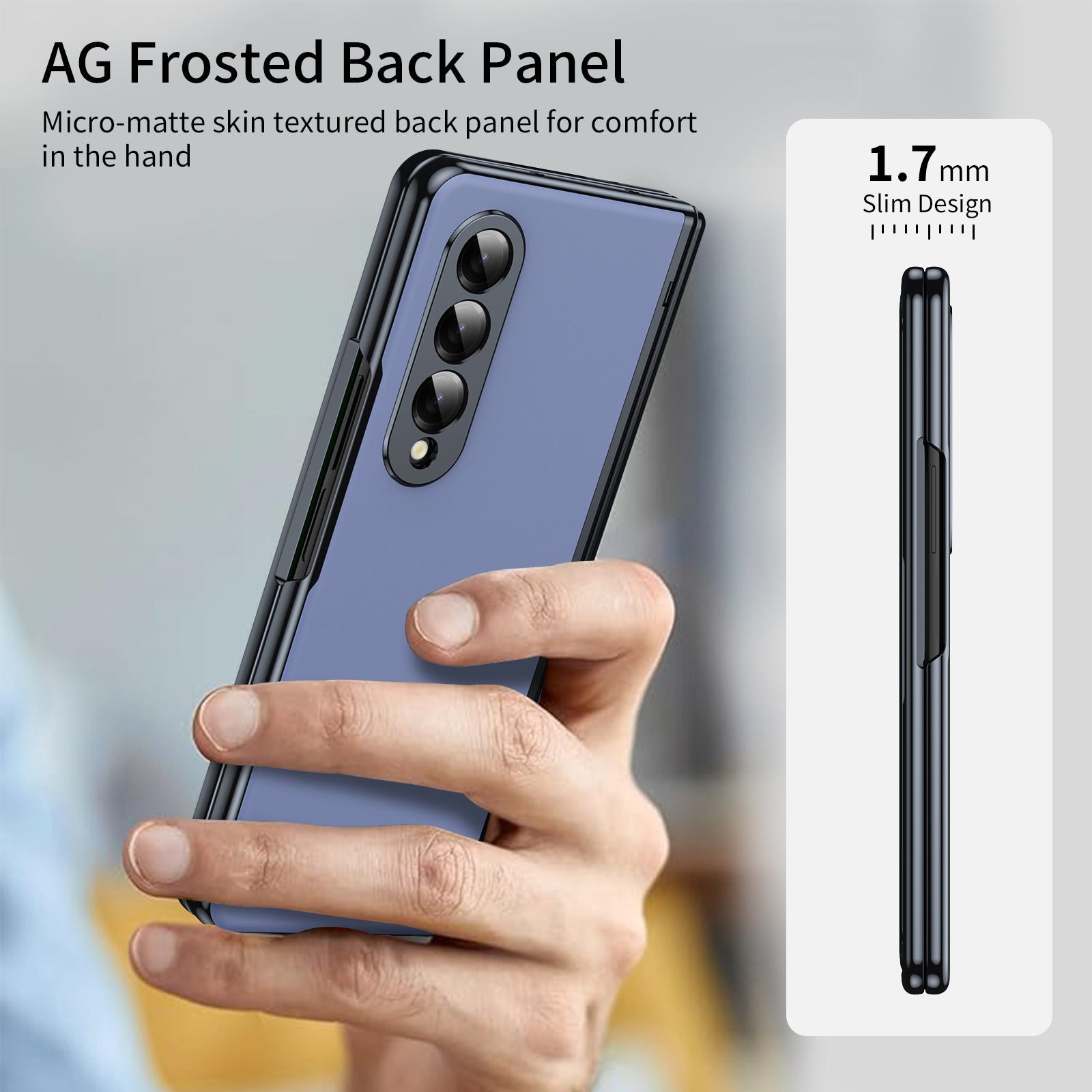 AG Frosted Galaxy Z Fold7 Case: Vacuum-plated matte PC cover with built-in front tempered glass—no film needed. Features all-inclusive hinged protection & auto-rebound springs for drop/shock resistance. Anti-smudge, fingerprint-proof, and scratch-resistant. Available in Sky Blue, Black, Red, Gold, Blue & Purple. Slim, rugged, and built to save your screen and hinge.