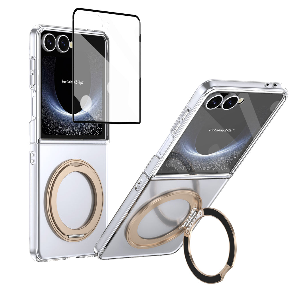Ultramarinelife Ice Cooling Galaxy Z Flip7 Case 360 Swivel Magnet Ring Stand Gold Color