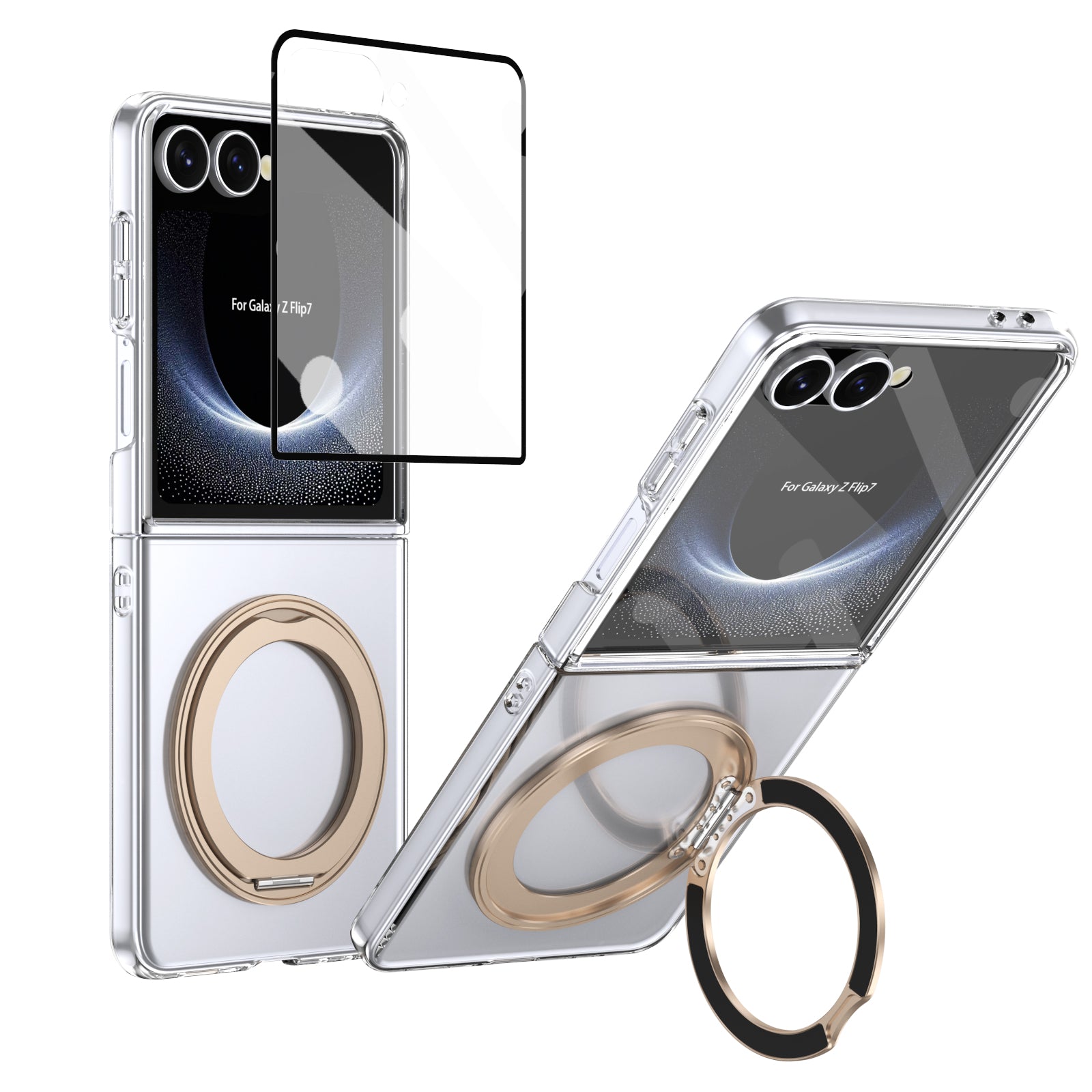 Ultramarinelife Ice Cooling Galaxy Z Flip7 Case 360 Swivel Magnet Ring Stand Gold Color